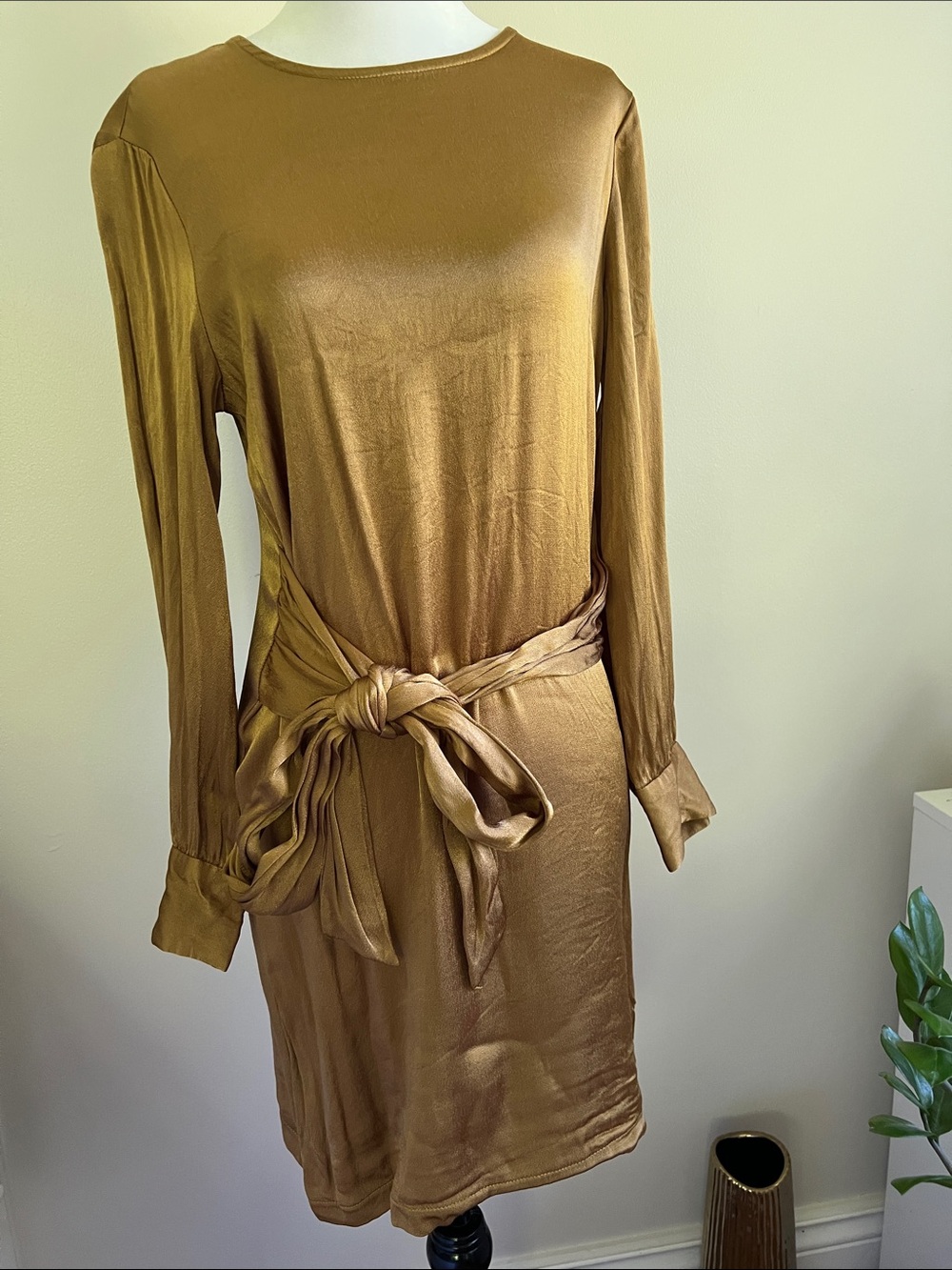 Dynamite • Women’s S • Metallic Gold • Long-Sleeve Wrap Waist Dress
